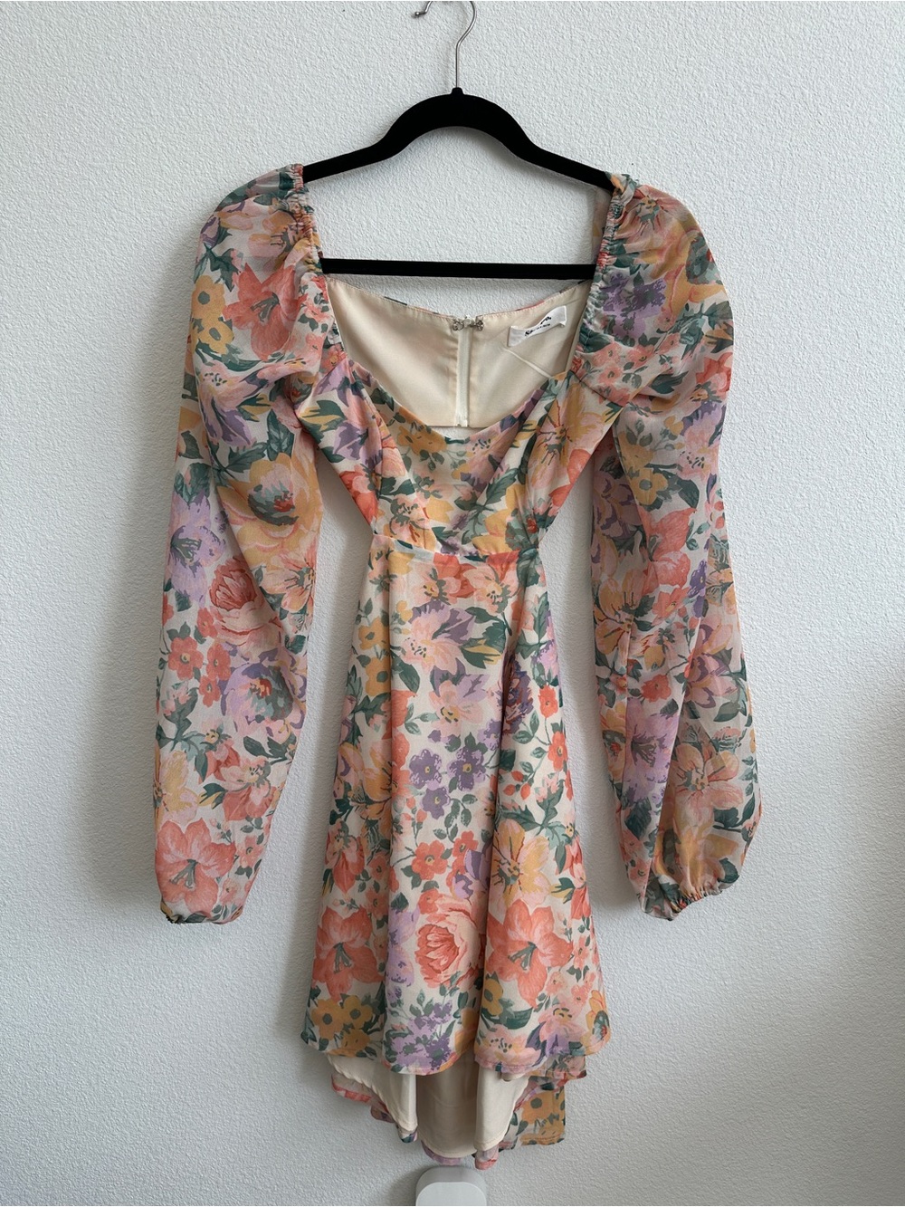 Showpo Pastel Floral Puff-Sleeve Mini Dress in Peach, Pink & Lavender
